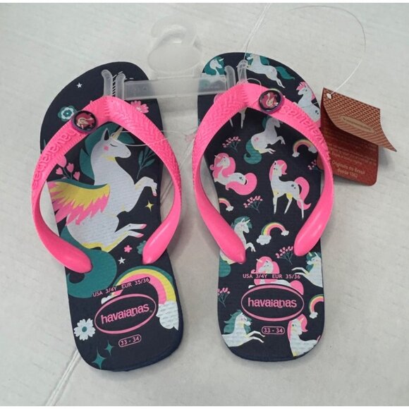 Havaianas Unicorn Charm Fantasy Girls 3/4 Slide Thong Kids Flip Flops Blue Pink - Picture 1 of 9